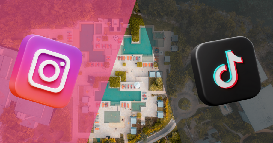 Grafik mit Instagram- und TikTok-Logo vor einem unscharfen Drohnenfoto von moderner Architektur – Visual für die Social-Media-Präsenz.